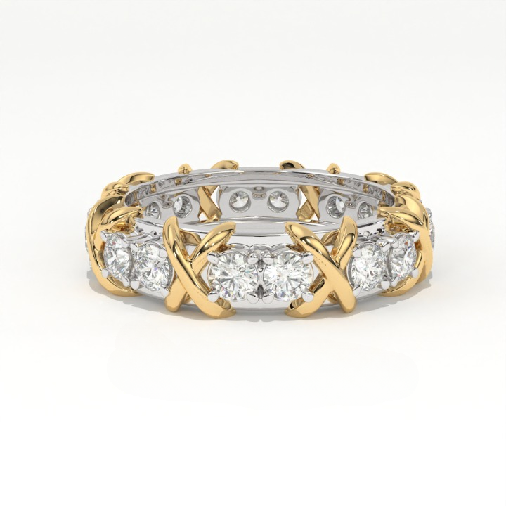 Aarinya Two-Tone Cross Link Diamond Eternity Band, The Renaissance Sculpted Two-Tone Cross Eternity Band Ring, Two-Tone "X" Link Eternity Ring