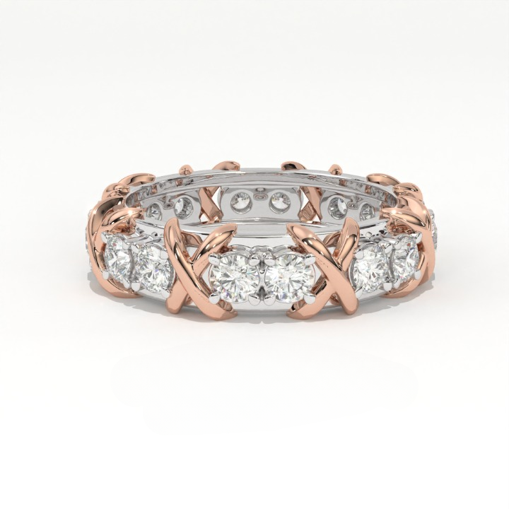 Aarinya Two-Tone Cross Link Diamond Eternity Band, The Renaissance Sculpted Two-Tone Cross Eternity Band Ring, Two-Tone "X" Link Eternity Ring