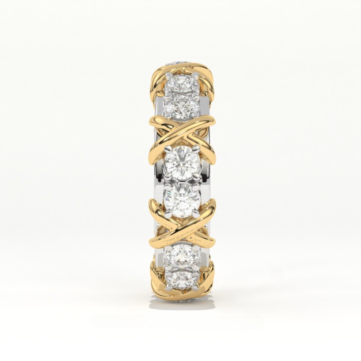 Aarinya Two-Tone Cross Link Diamond Eternity Band, The Renaissance Sculpted Two-Tone Cross Eternity Band Ring, Two-Tone "X" Link Eternity Ring