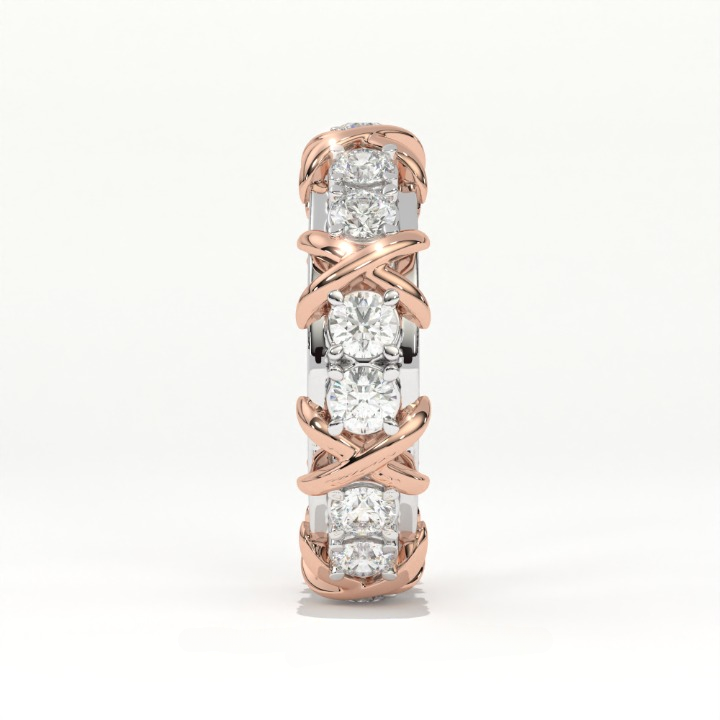 Aarinya Two-Tone Cross Link Diamond Eternity Band, The Renaissance Sculpted Two-Tone Cross Eternity Band Ring, Two-Tone "X" Link Eternity Ring