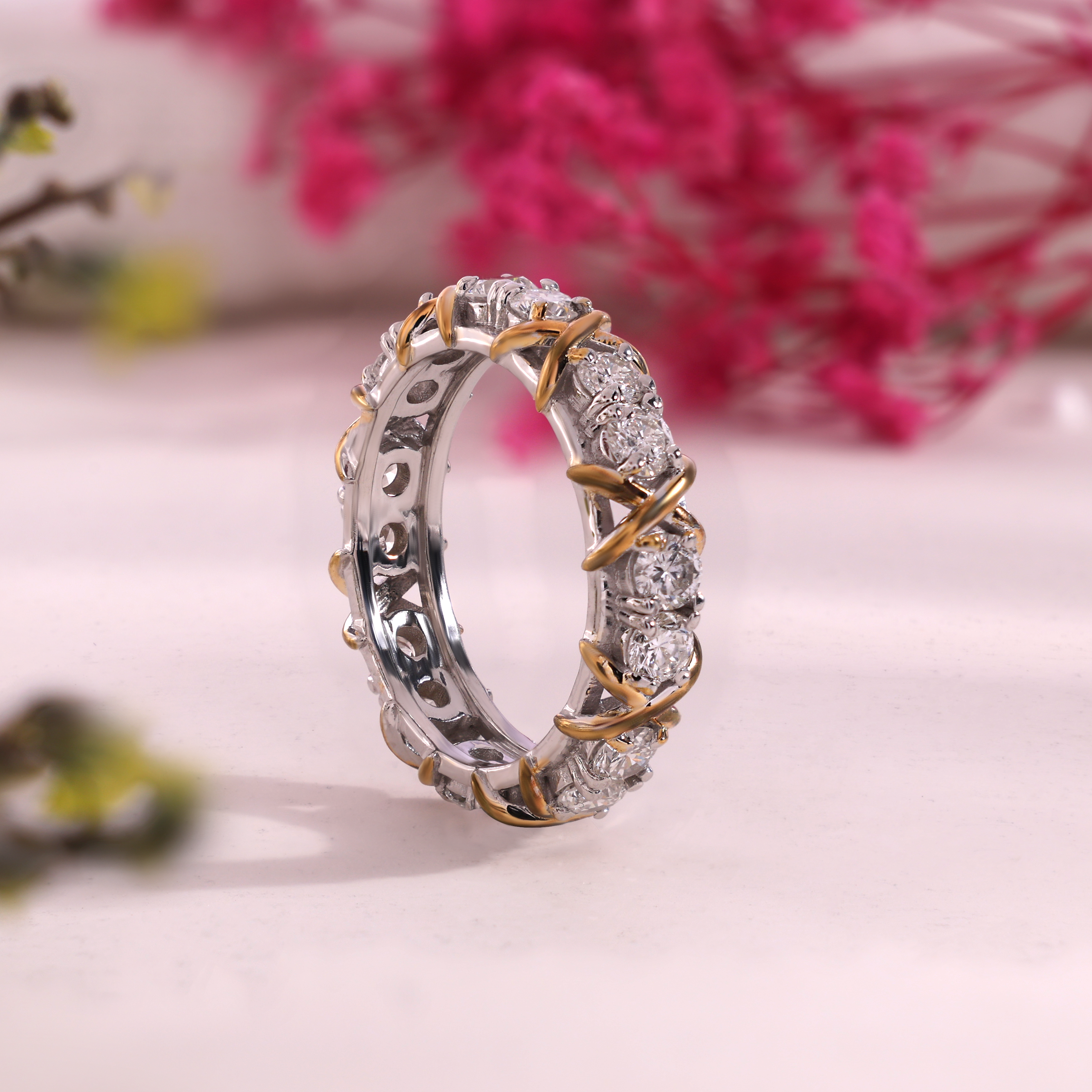 Aarinya Two-Tone Cross Link Diamond Eternity Band, Two-Tone "X" Link Eternity Ring