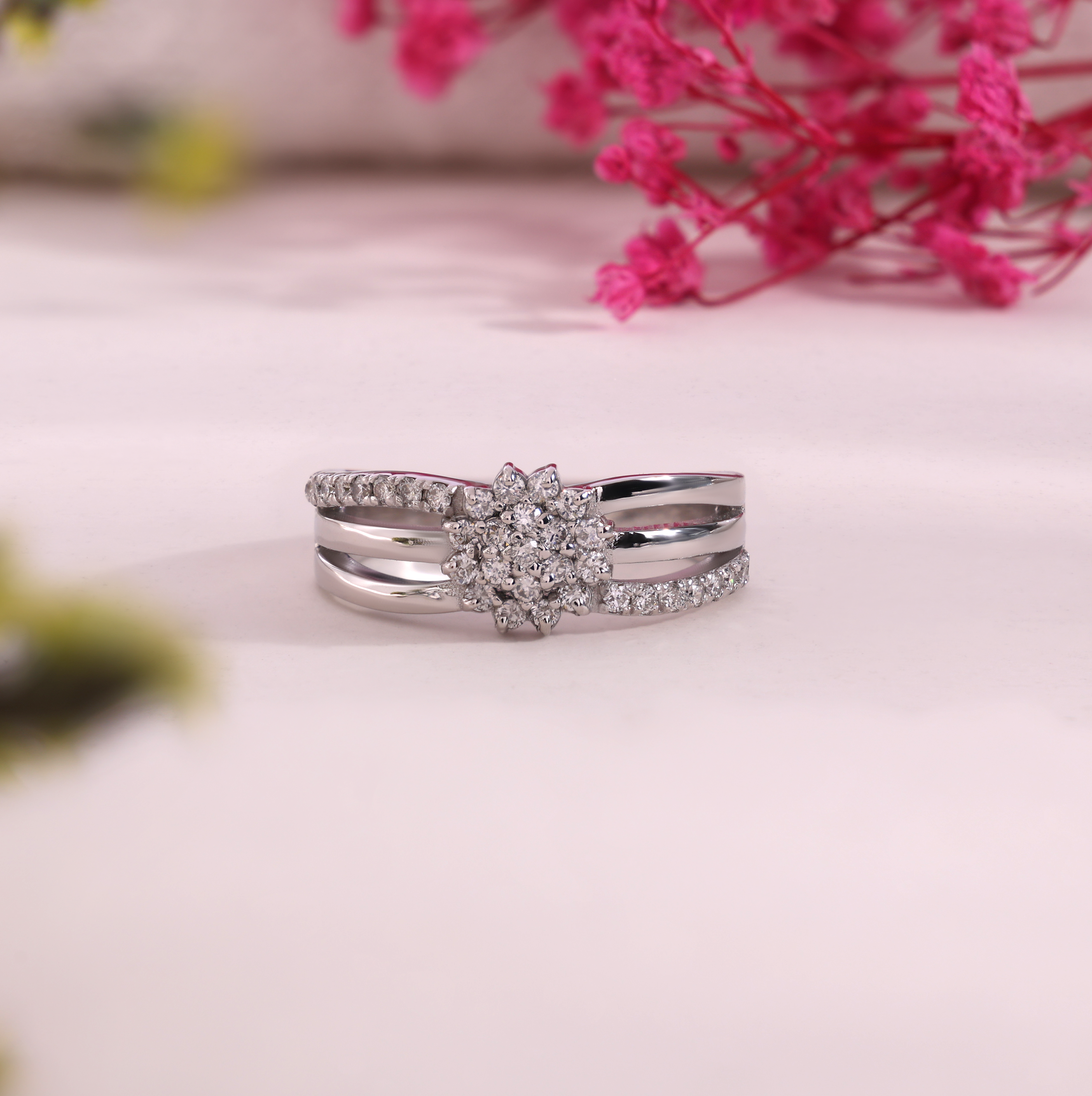 Aarinya Floral Cluster Triple-Bypass Diamond Ring, The Helix Asymmetric Floral Statement Ring, Gold Floral Cluster Ring