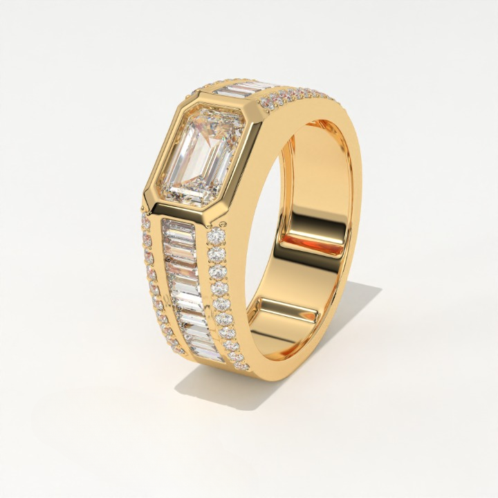 Aarinya Men's Emerald-Cut Diamond Signet Band, The Grand Architectural Step-Cut Men's Ring, The Matrix Bezel Channel Men's Statement Ring
