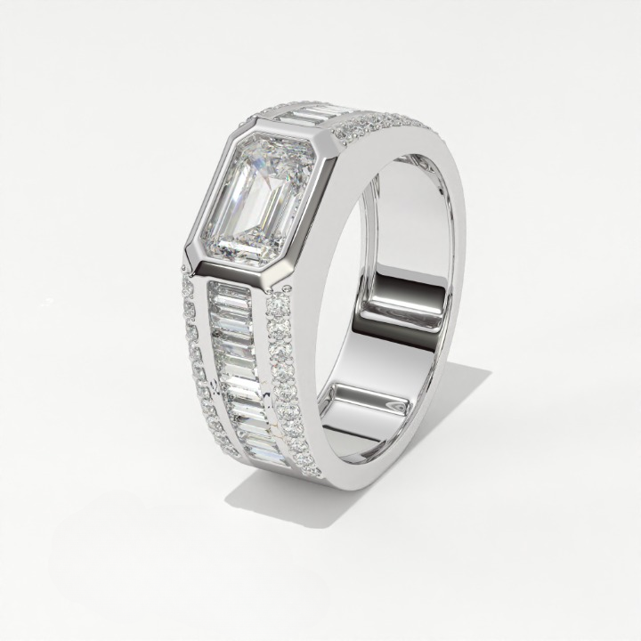 Aarinya Men's Emerald-Cut Diamond Signet Band, The Grand Architectural Step-Cut Men's Ring, The Matrix Bezel Channel Men's Statement Ring