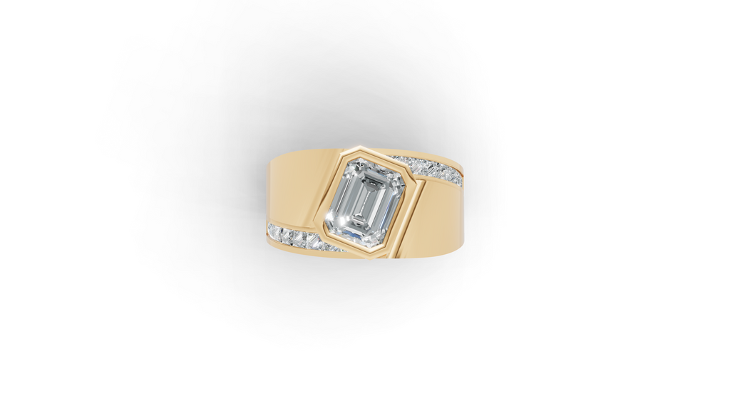Aarinya Bezel Emerald Cut Men's Ring, Vanguard Asymmetric Lab-Grown Diamond Ring