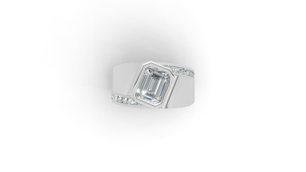 Aarinya Bezel Emerald Cut Men's Ring, Vanguard Asymmetric Lab-Grown Diamond Ring