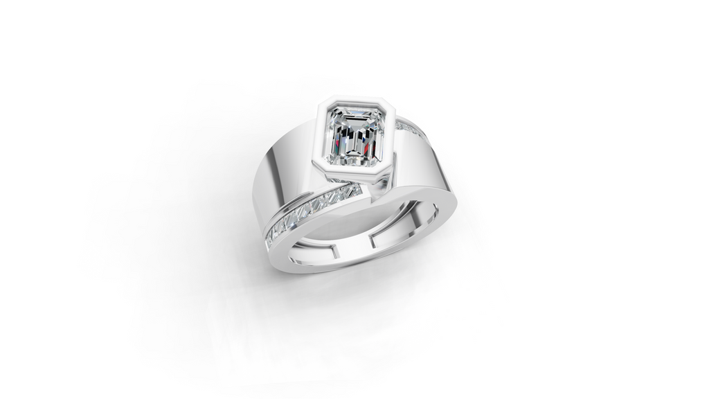 Aarinya Bezel Emerald Cut Men's Ring, Vanguard Asymmetric Lab-Grown Diamond Ring