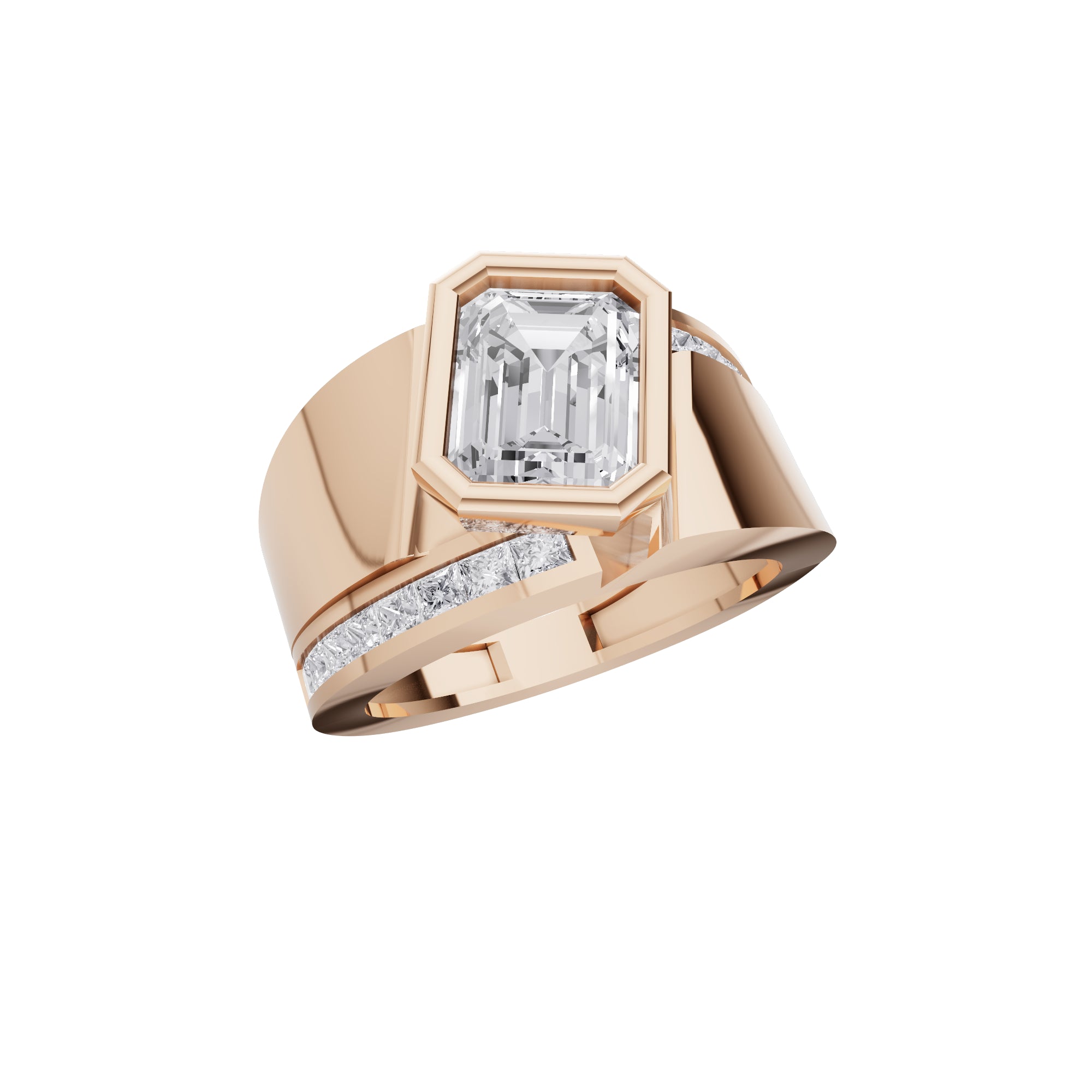 Aarinya Bezel Emerald Cut Men's Ring, Vanguard Asymmetric Lab-Grown Diamond Ring