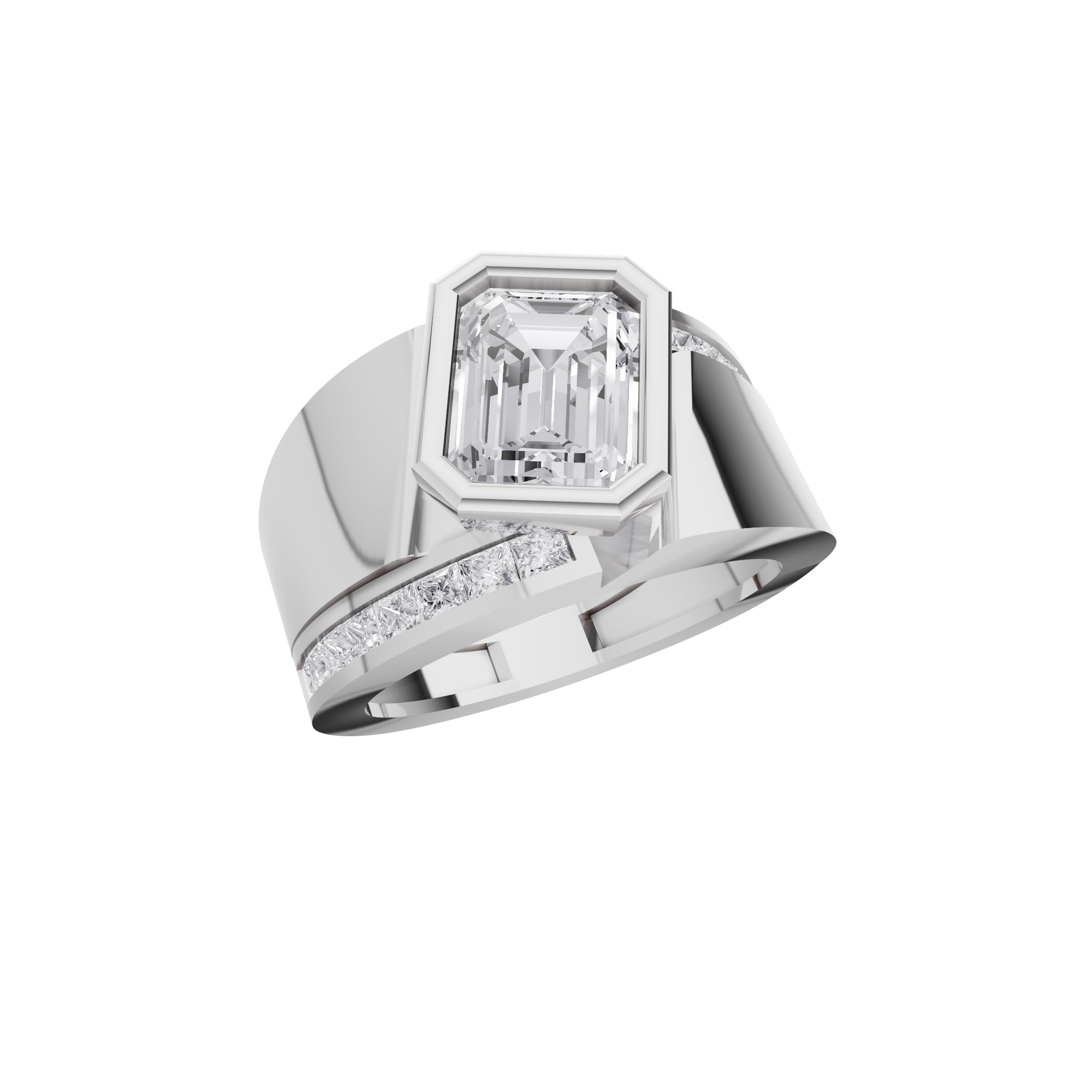 Aarinya Bezel Emerald Cut Men's Ring, Vanguard Asymmetric Lab-Grown Diamond Ring