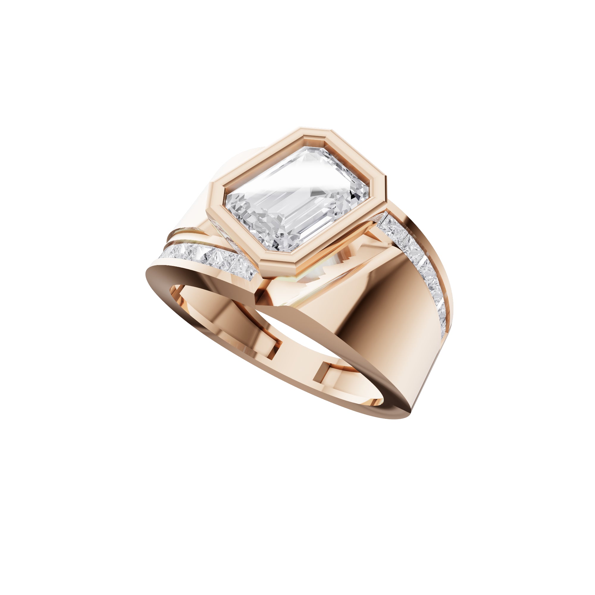 Aarinya Bezel Emerald Cut Men's Ring, Vanguard Asymmetric Lab-Grown Diamond Ring