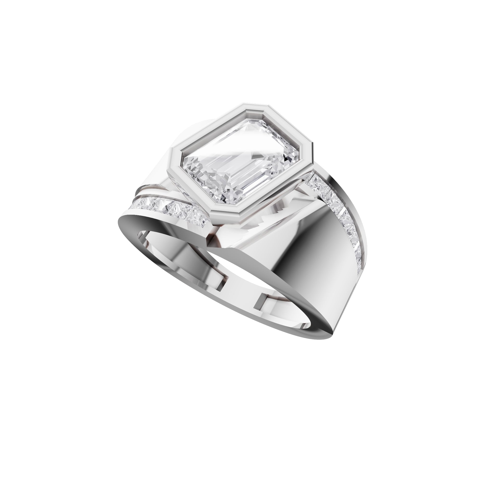 Aarinya Bezel Emerald Cut Men's Ring, Vanguard Asymmetric Lab-Grown Diamond Ring
