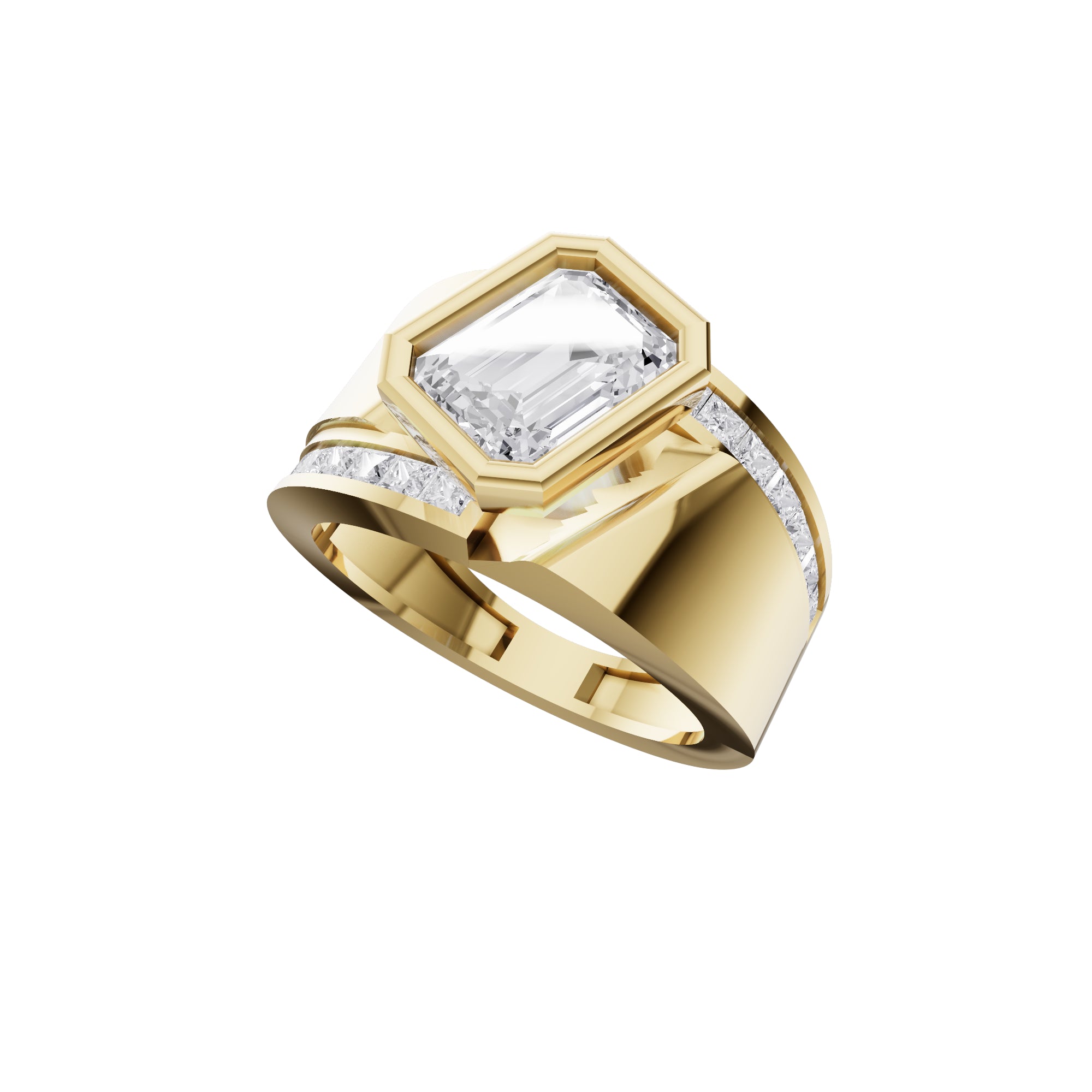 Aarinya Bezel Emerald Cut Men's Ring, Vanguard Asymmetric Lab-Grown Diamond Ring