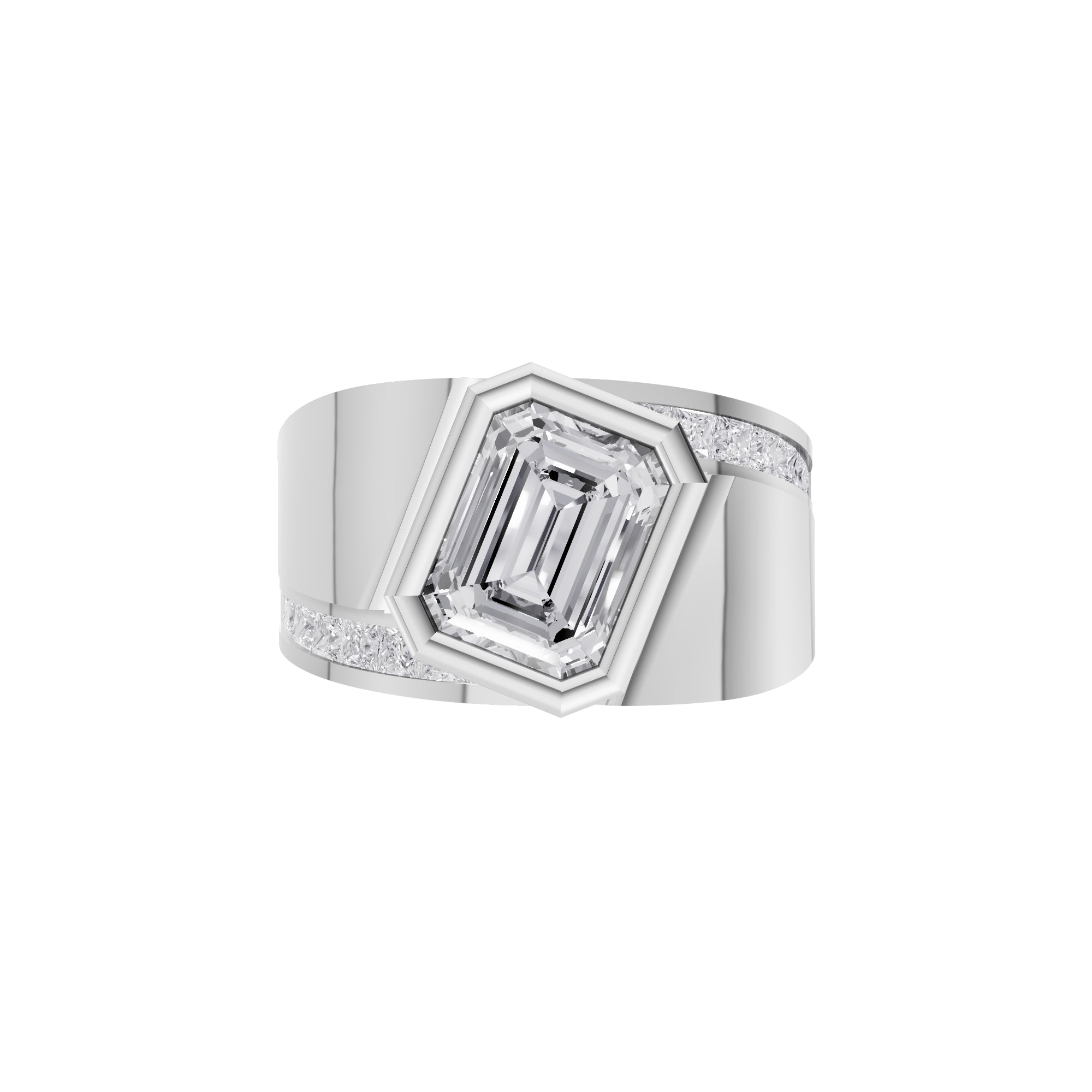 Aarinya Bezel Emerald Cut Men's Ring, Vanguard Asymmetric Lab-Grown Diamond Ring