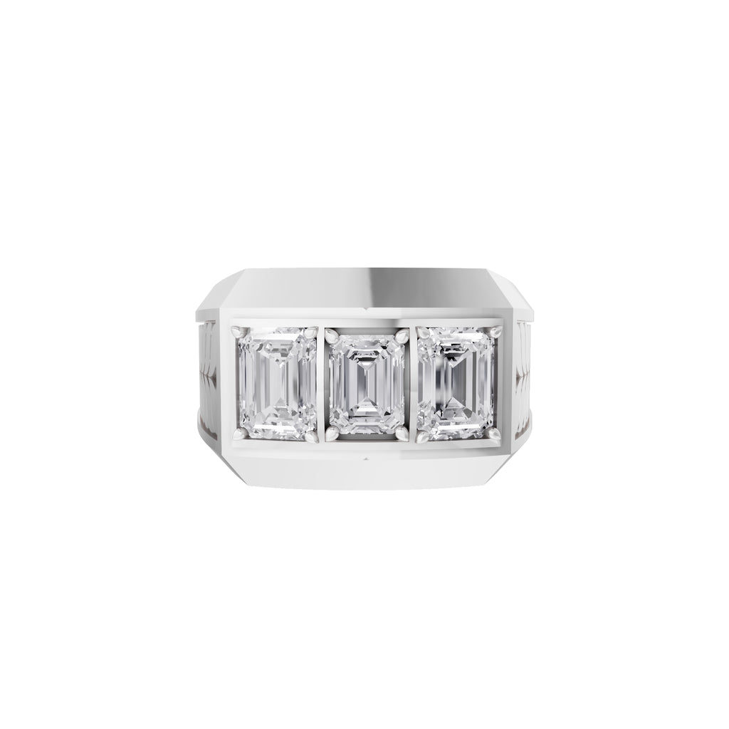 Aarinya Imperial Flush-Set Emerald Cut Statement Ring, The Beveled Three-Stone Emerald Diamond Ring