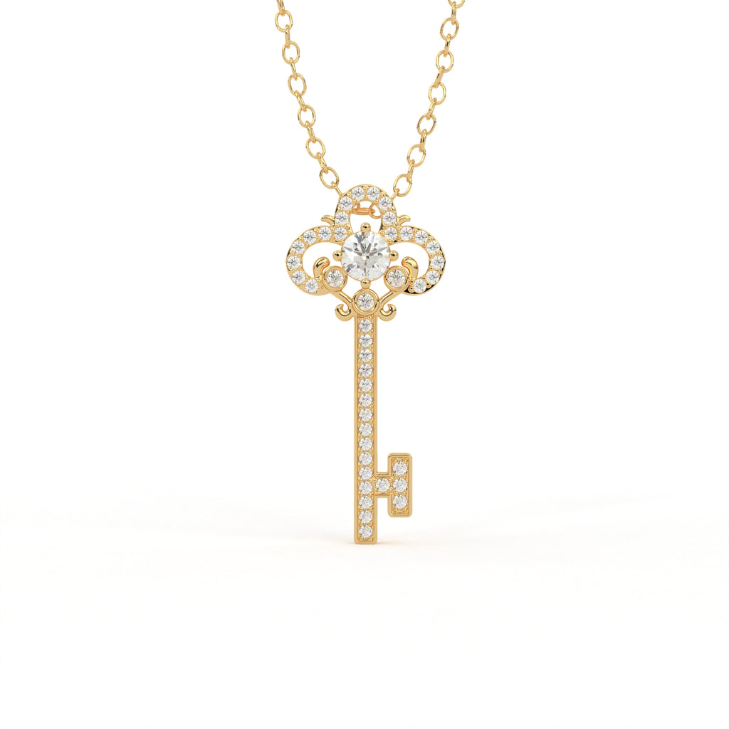 Aarinya Vintage Fleur-de-Lis Lab-Grown Diamond Key Pendant, The Centurion Minimalist Baroque Key Pendant