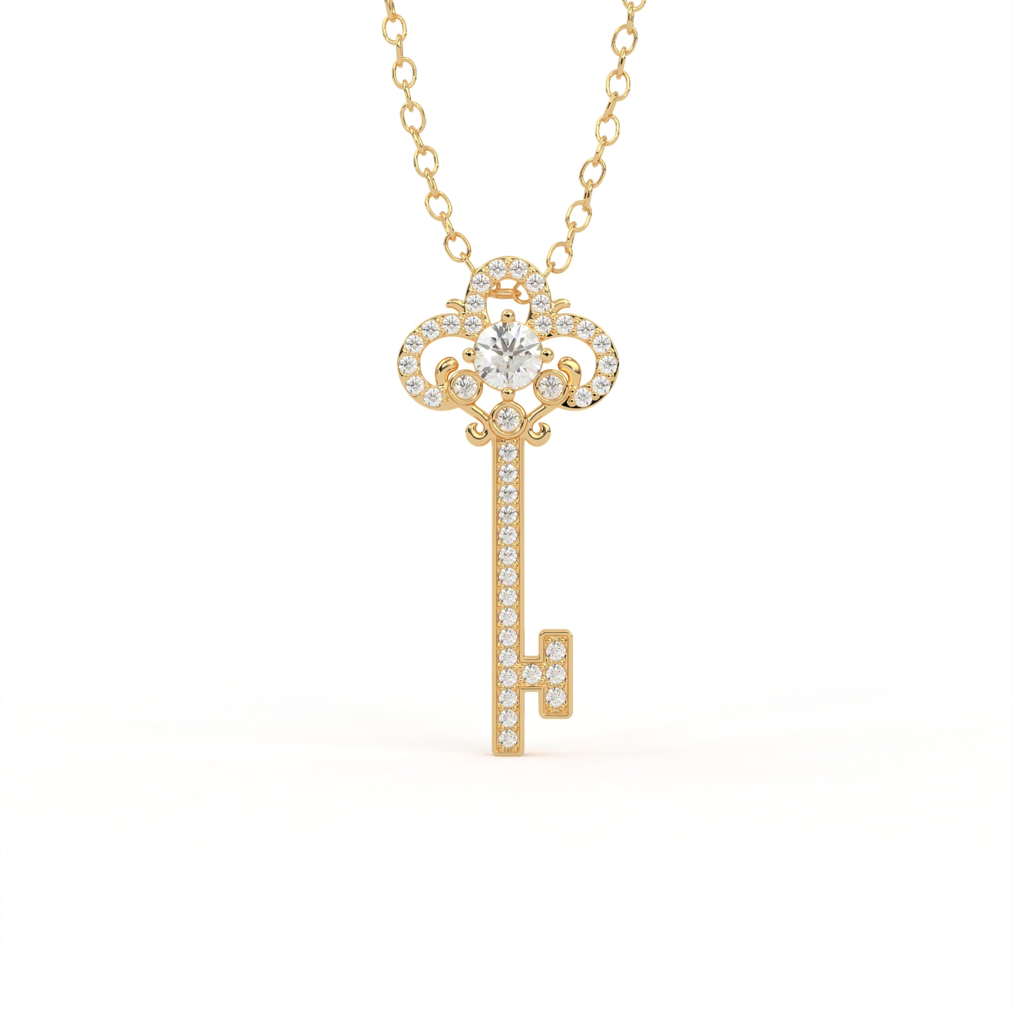 Aarinya Vintage Fleur-de-Lis Lab-Grown Diamond Key Pendant, The Centurion Minimalist Baroque Key Pendant
