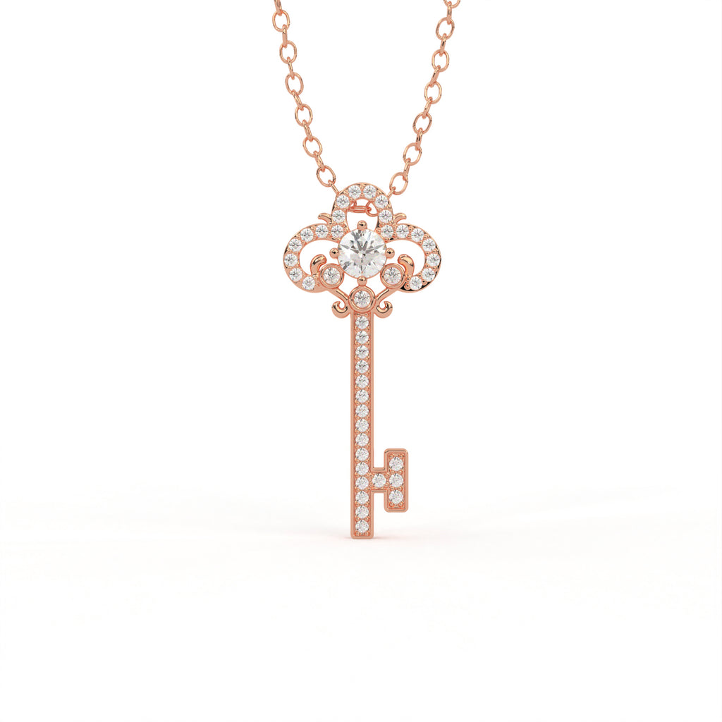 Aarinya Vintage Fleur-de-Lis Lab-Grown Diamond Key Pendant, The Centurion Minimalist Baroque Key Pendant