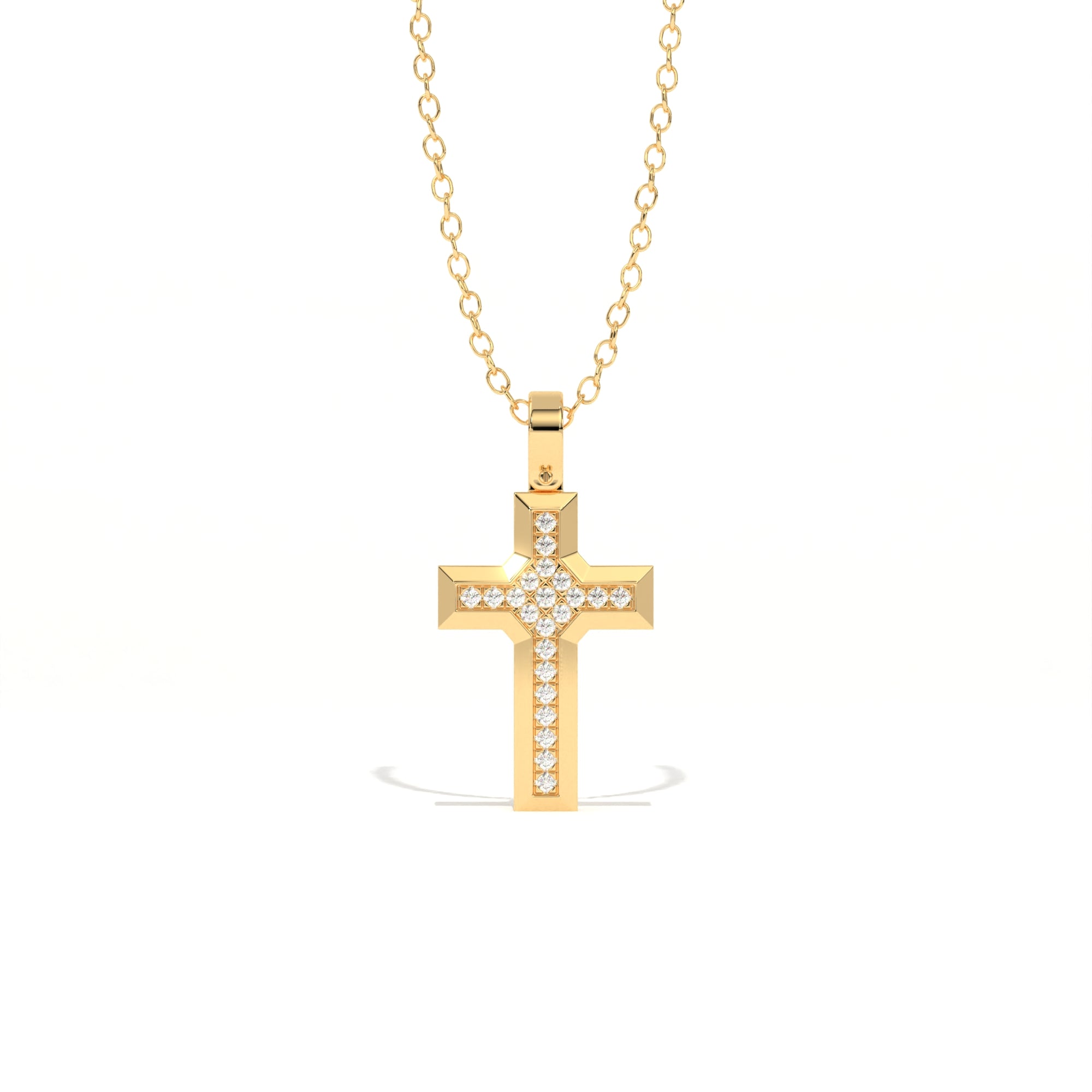 Aarinya Modern Beveled Edge Diamond Cross Pendant, The Centurion Minimalist Stepped Diamond-Core Cross