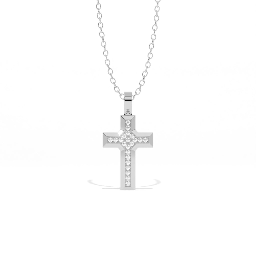 Aarinya Modern Beveled Edge Diamond Cross Pendant, The Centurion Minimalist Stepped Diamond-Core Cross