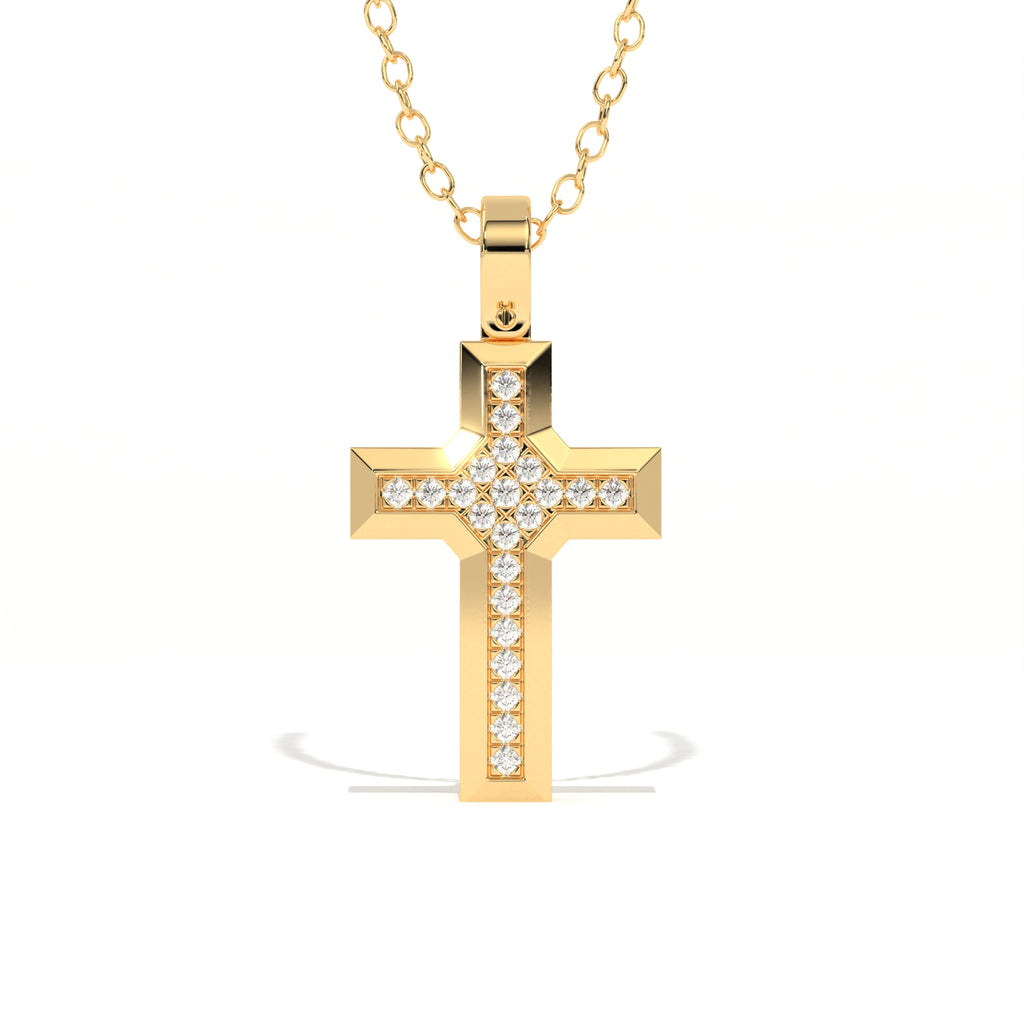 Aarinya Modern Beveled Edge Diamond Cross Pendant, The Centurion Minimalist Stepped Diamond-Core Cross