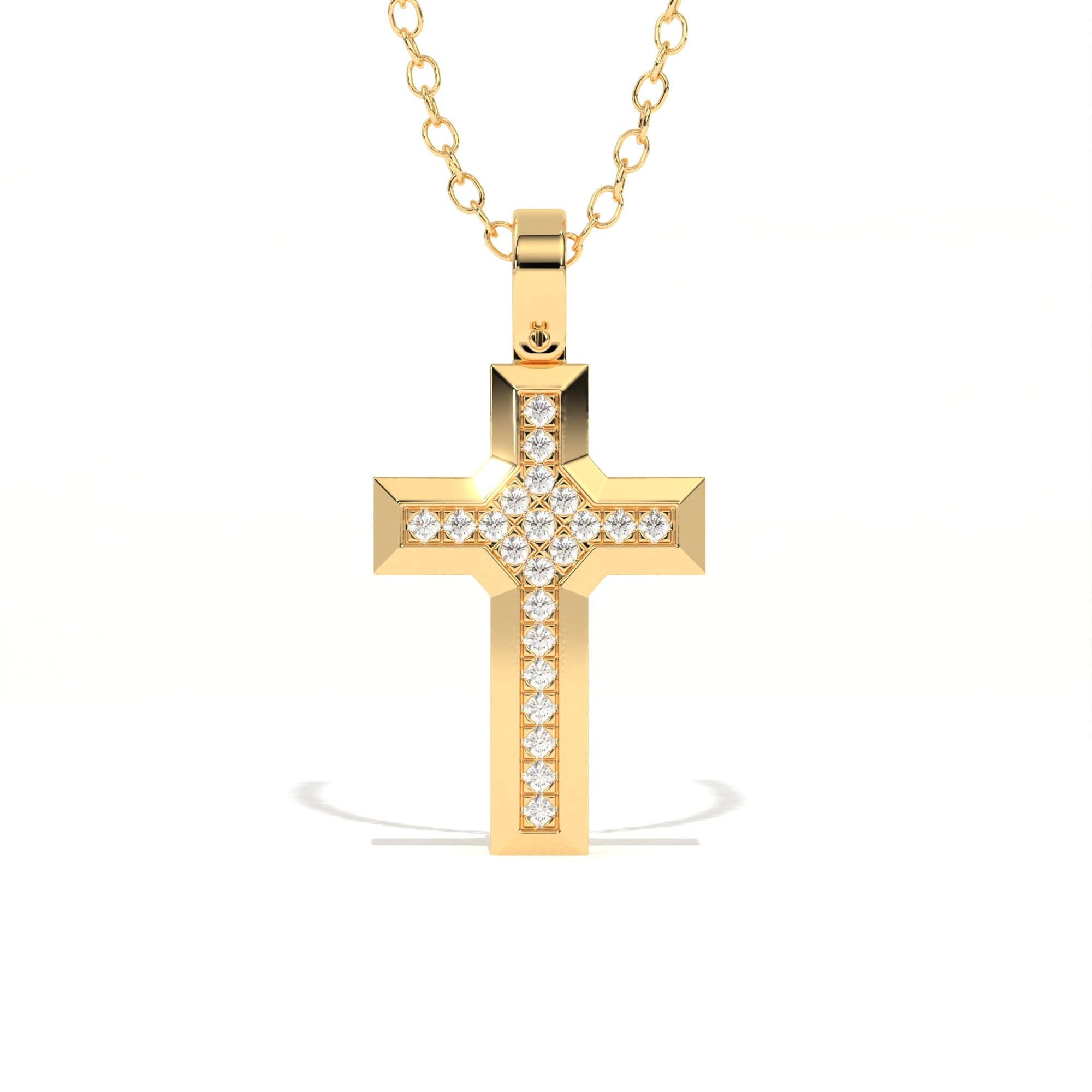 Aarinya Modern Beveled Edge Diamond Cross Pendant, The Centurion Minimalist Stepped Diamond-Core Cross