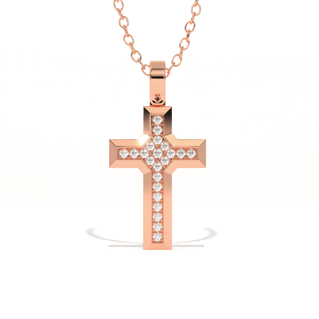 Aarinya Modern Beveled Edge Diamond Cross Pendant, The Centurion Minimalist Stepped Diamond-Core Cross