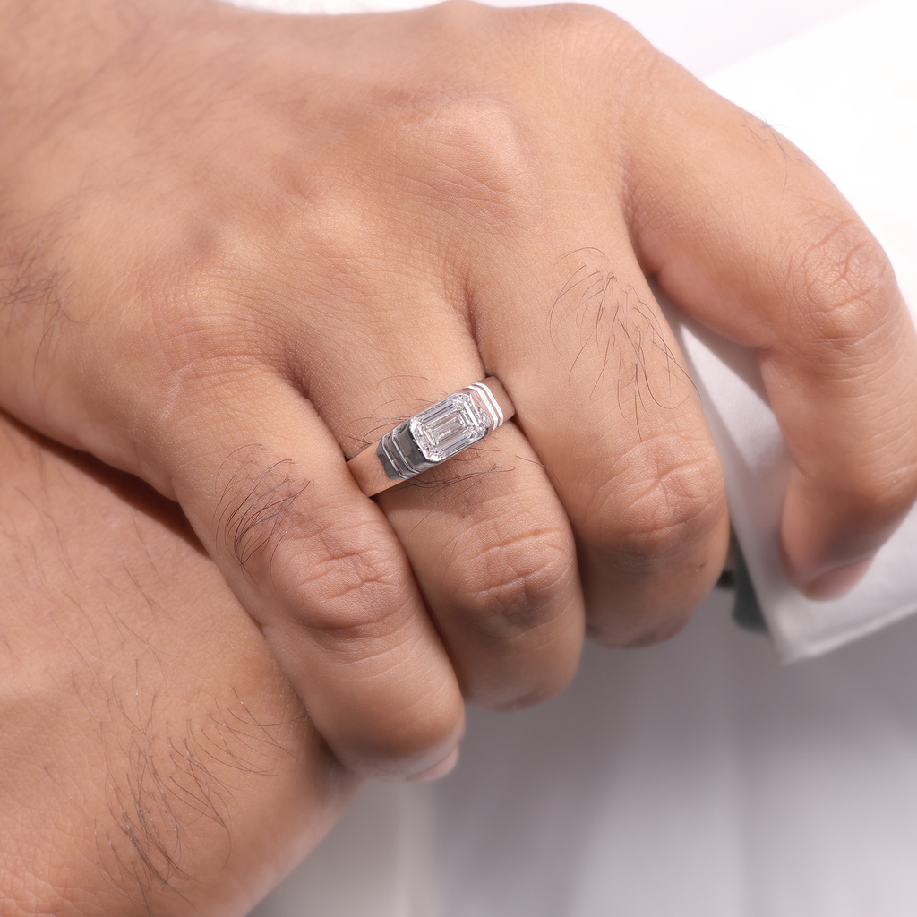 Aarinya Flushed Signet Lab-Grown Diamond Solitaire Ring, Emerald Cut Diamond Solitiare Ring