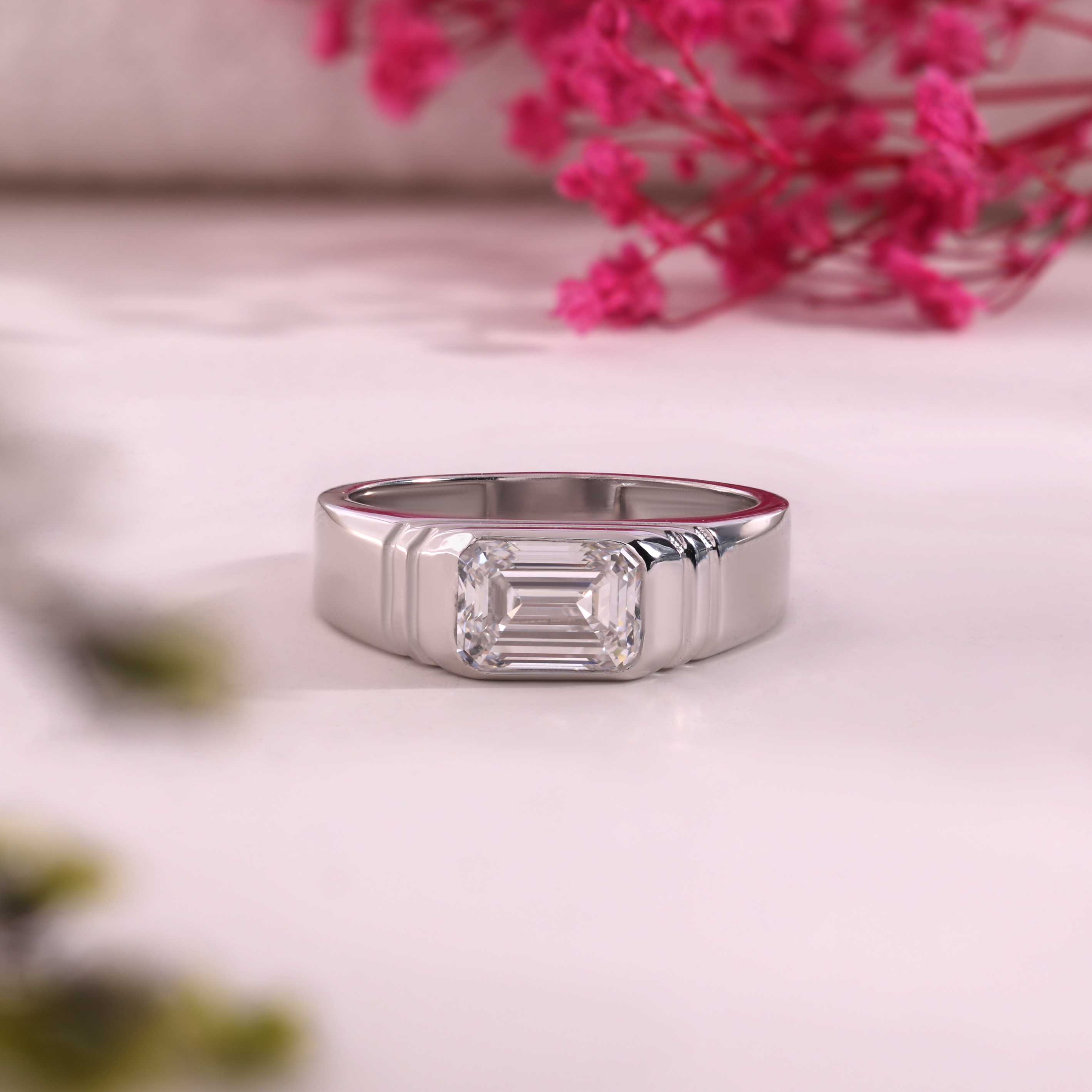 Aarinya Flushed Signet Lab-Grown Diamond Solitaire Ring, Emerald Cut Diamond Solitiare Ring