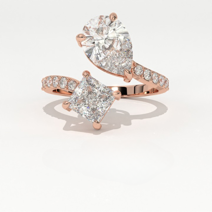 Aarinya Pear & Princess Cut Toi et Moi Ring, The Paradigm Asymmetric Dual Ring, Rose Gold Mixed-Cut Toi et Moi
