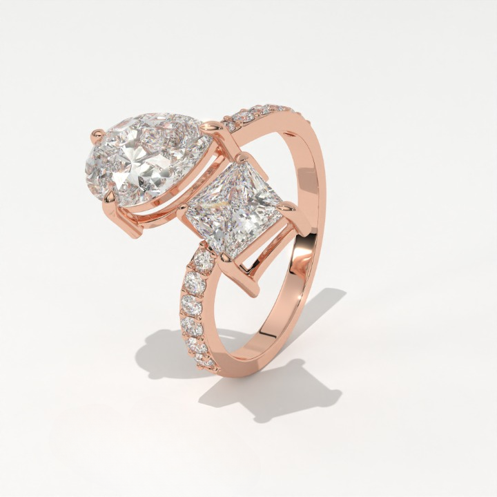 Aarinya Pear & Princess Cut Toi et Moi Ring, The Paradigm Asymmetric Dual Ring, Rose Gold Mixed-Cut Toi et Moi