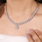 Aarinya Diamond Halo Tennis Necklace with Pear Pendant Drop