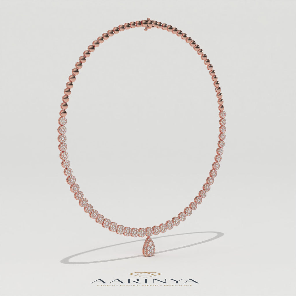 Aarinya Diamond Halo Tennis Necklace with Pear Pendant Drop