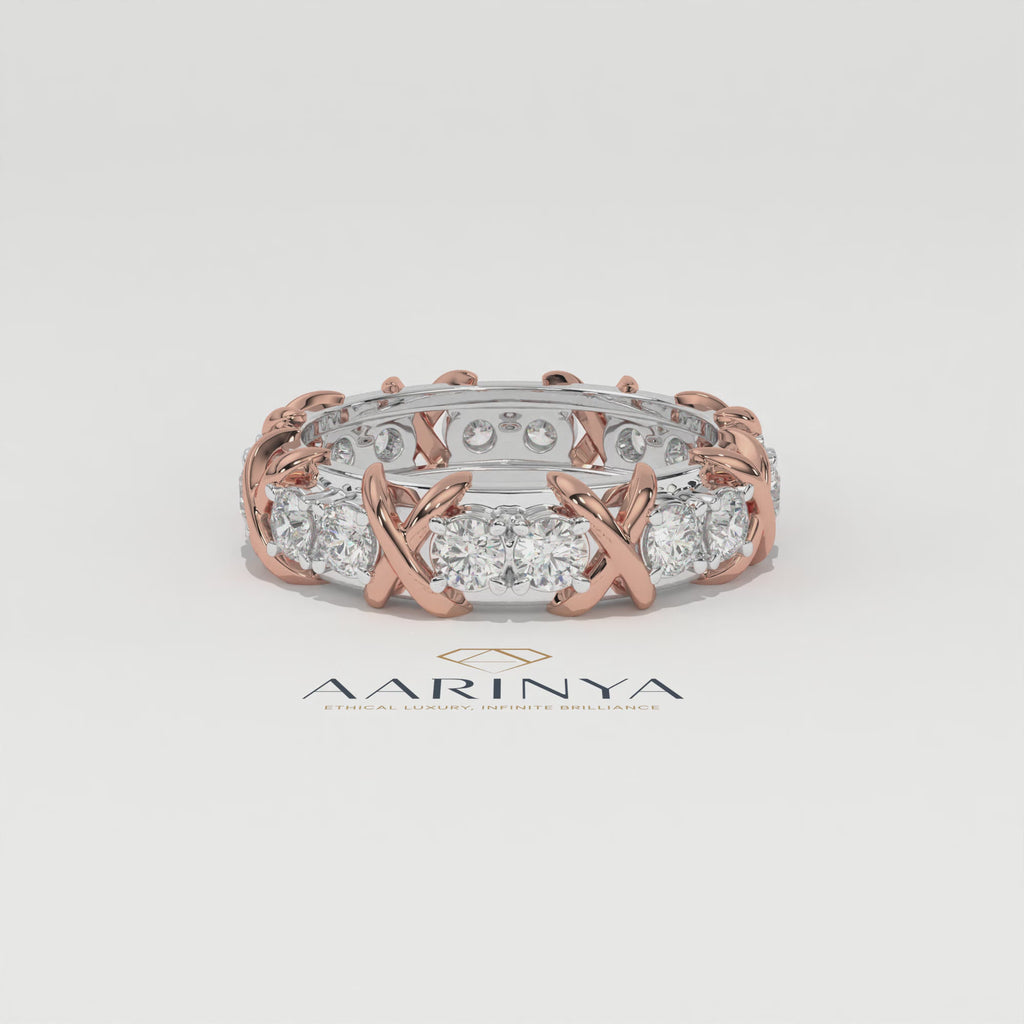 Aarinya Two-Tone Cross Link Diamond Eternity Band, The Renaissance Sculpted Two-Tone Cross Eternity Band Ring, Two-Tone "X" Link Eternity Ring