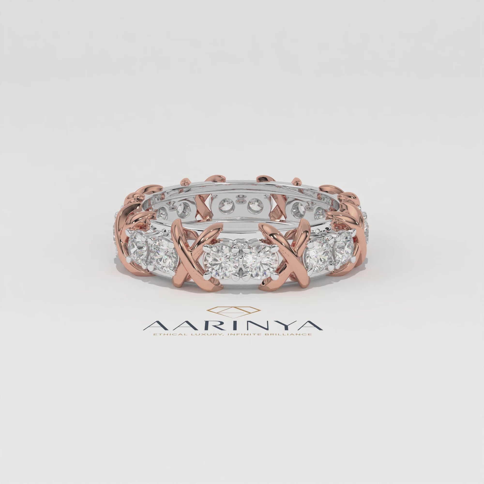 Aarinya Two-Tone Cross Link Diamond Eternity Band, The Renaissance Sculpted Two-Tone Cross Eternity Band Ring, Two-Tone "X" Link Eternity Ring