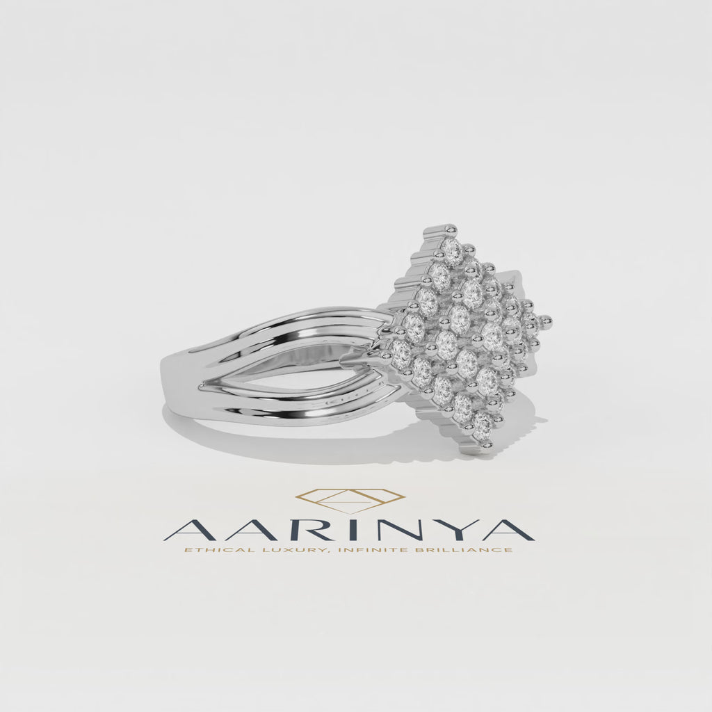 Aarinya Diamond Kite Cluster Ring, The Deco Diamond Grid Ring, Gold Rhombus Cluster Ring