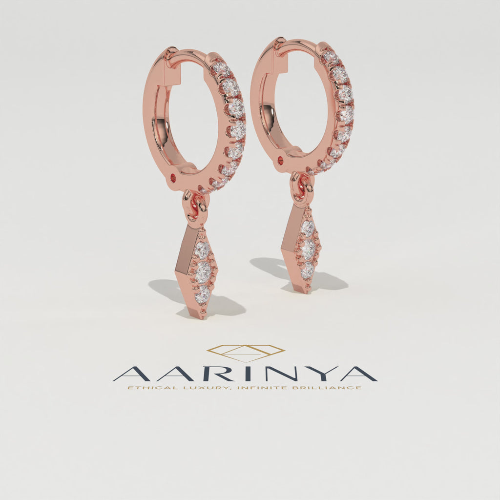 Aarinya Prism Diamond Huggie Dangles, Daily Wear Luxury, Dainty Kite Shaped Dangle Hoop Earrings, Graduation or Promotion Gift