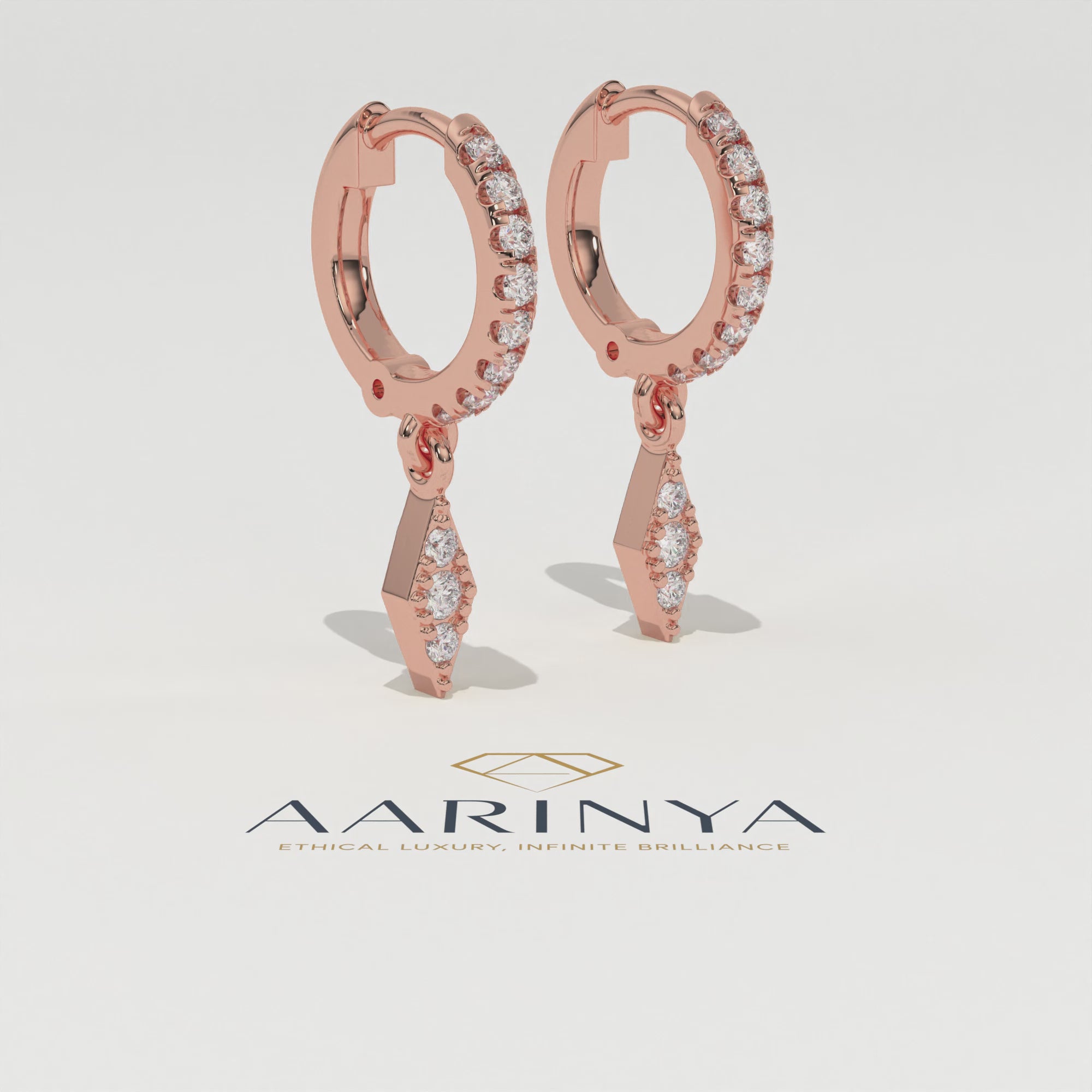 Aarinya Prism Diamond Huggie Dangles, Daily Wear Luxury, Dainty Kite Shaped Dangle Hoop Earrings, Graduation or Promotion Gift