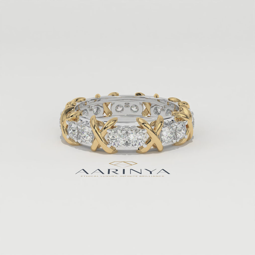 Aarinya Two-Tone Cross Link Diamond Eternity Band, The Renaissance Sculpted Two-Tone Cross Eternity Band Ring, Two-Tone "X" Link Eternity Ring