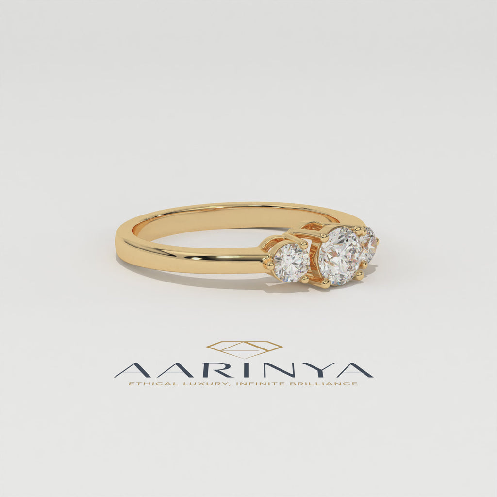 Aarinya Classic Three-Stone Ring, The Paradigm Round Brilliant Ring, The Eternal Timeline Shared-Prong Ring