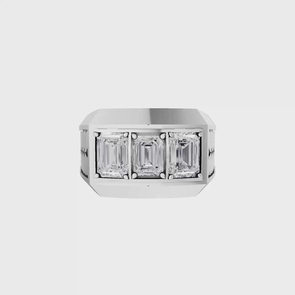 Aarinya Imperial Flush-Set Emerald Cut Statement Ring, The Beveled Three-Stone Emerald Diamond Ring