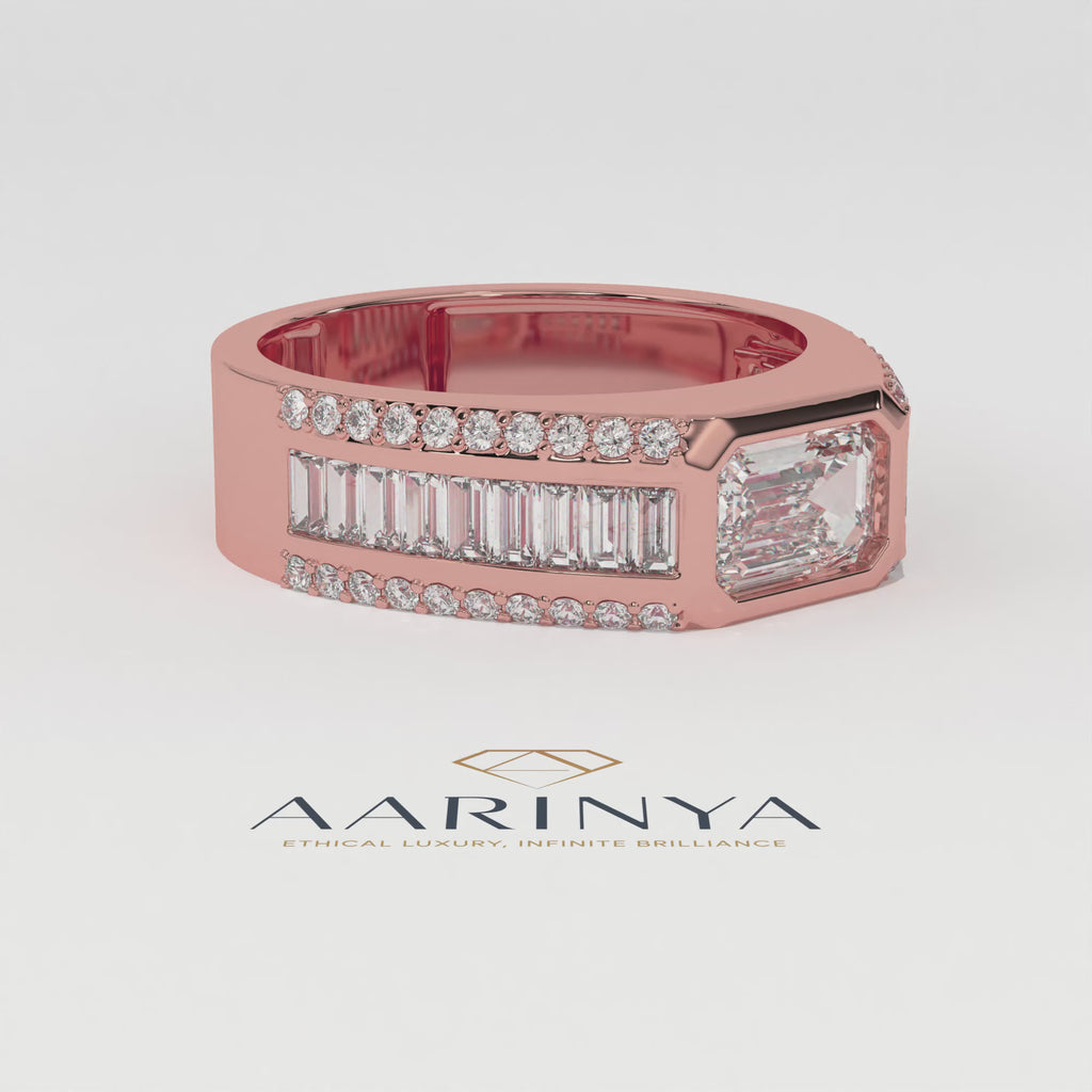 Aarinya Men's Emerald-Cut Diamond Signet Band, The Grand Architectural Step-Cut Men's Ring, The Matrix Bezel Channel Men's Statement Ring