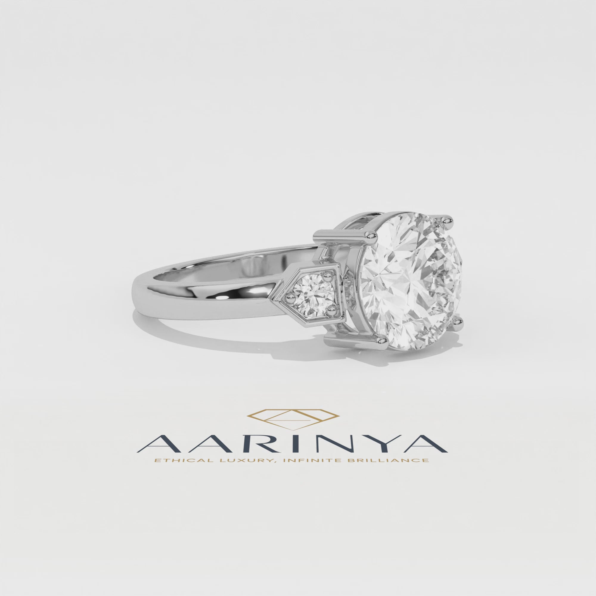Aarinya Geometric Three-Stone Diamond Ring, The Deco Arrow Three-Stone Solitaire, The Eternal Timeline Chevron Ring, Rose Gold Chevron 3-Stone Ring
