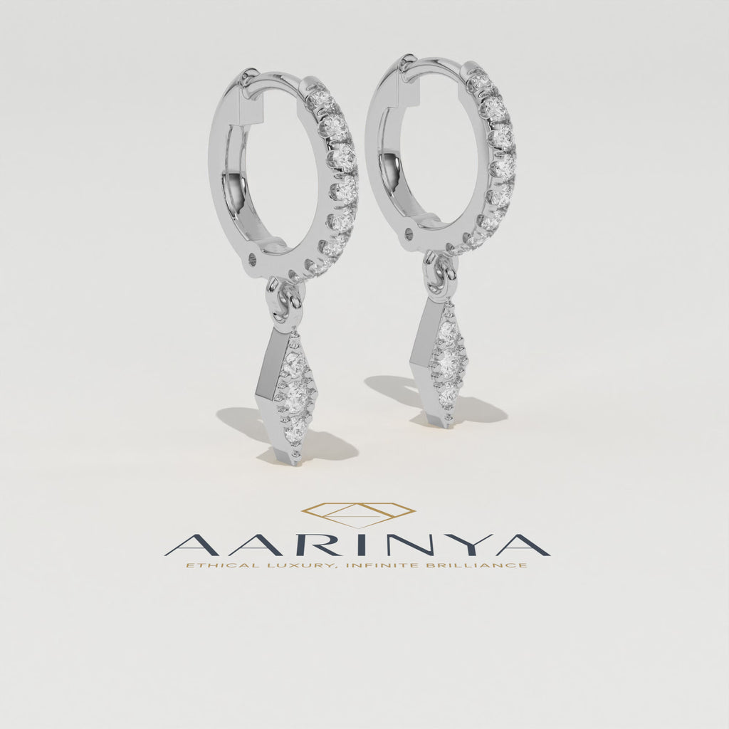 Aarinya Prism Diamond Huggie Dangles, Daily Wear Luxury, Dainty Kite Shaped Dangle Hoop Earrings, Graduation or Promotion Gift