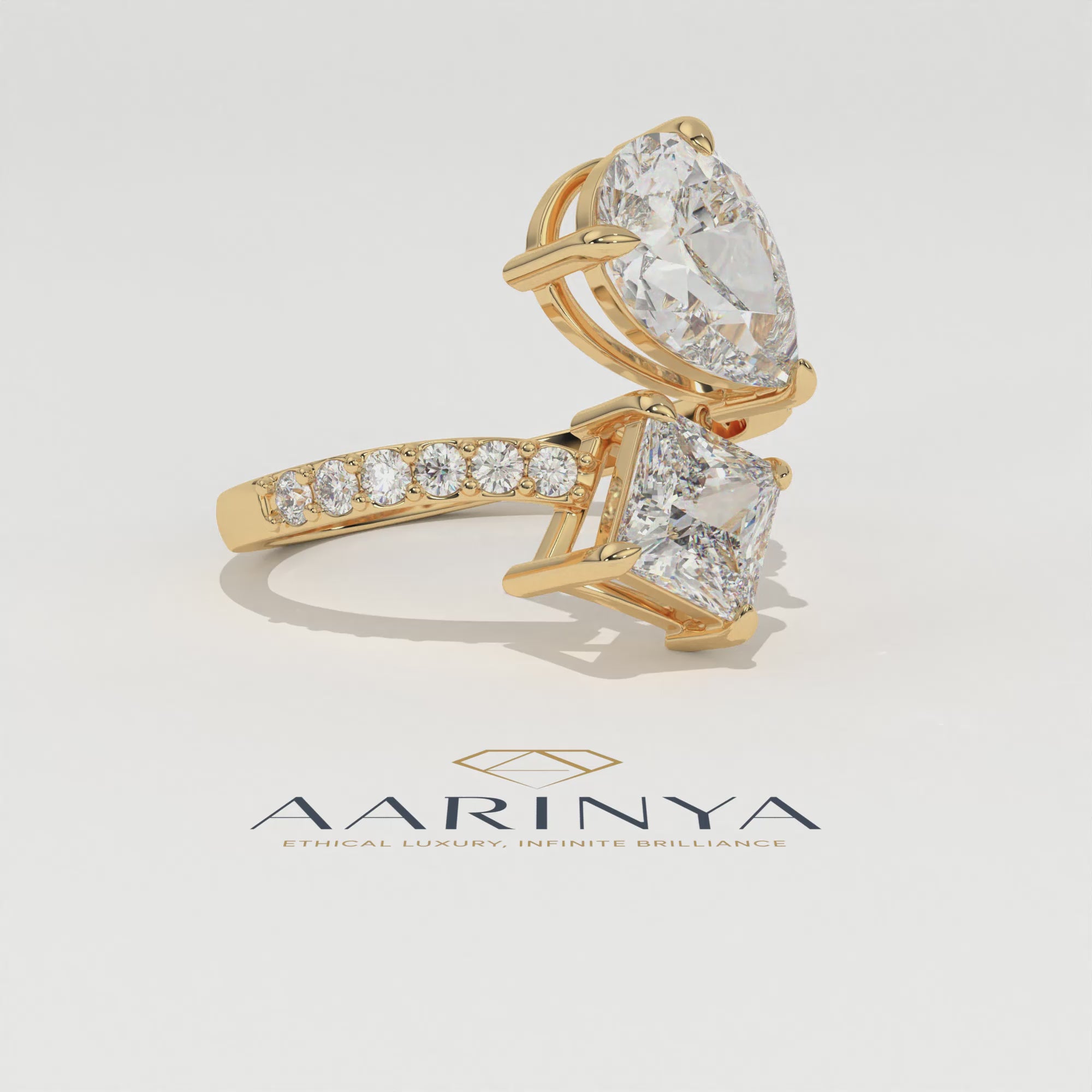 Aarinya Pear & Princess Cut Toi et Moi Ring, The Paradigm Asymmetric Dual Ring, Rose Gold Mixed-Cut Toi et Moi
