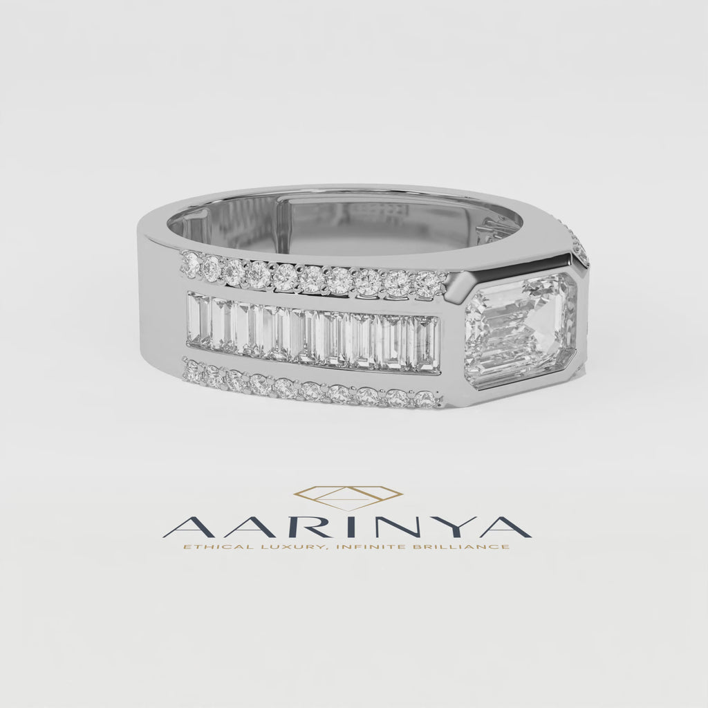 Aarinya Men's Emerald-Cut Diamond Signet Band, The Grand Architectural Step-Cut Men's Ring, The Matrix Bezel Channel Men's Statement Ring