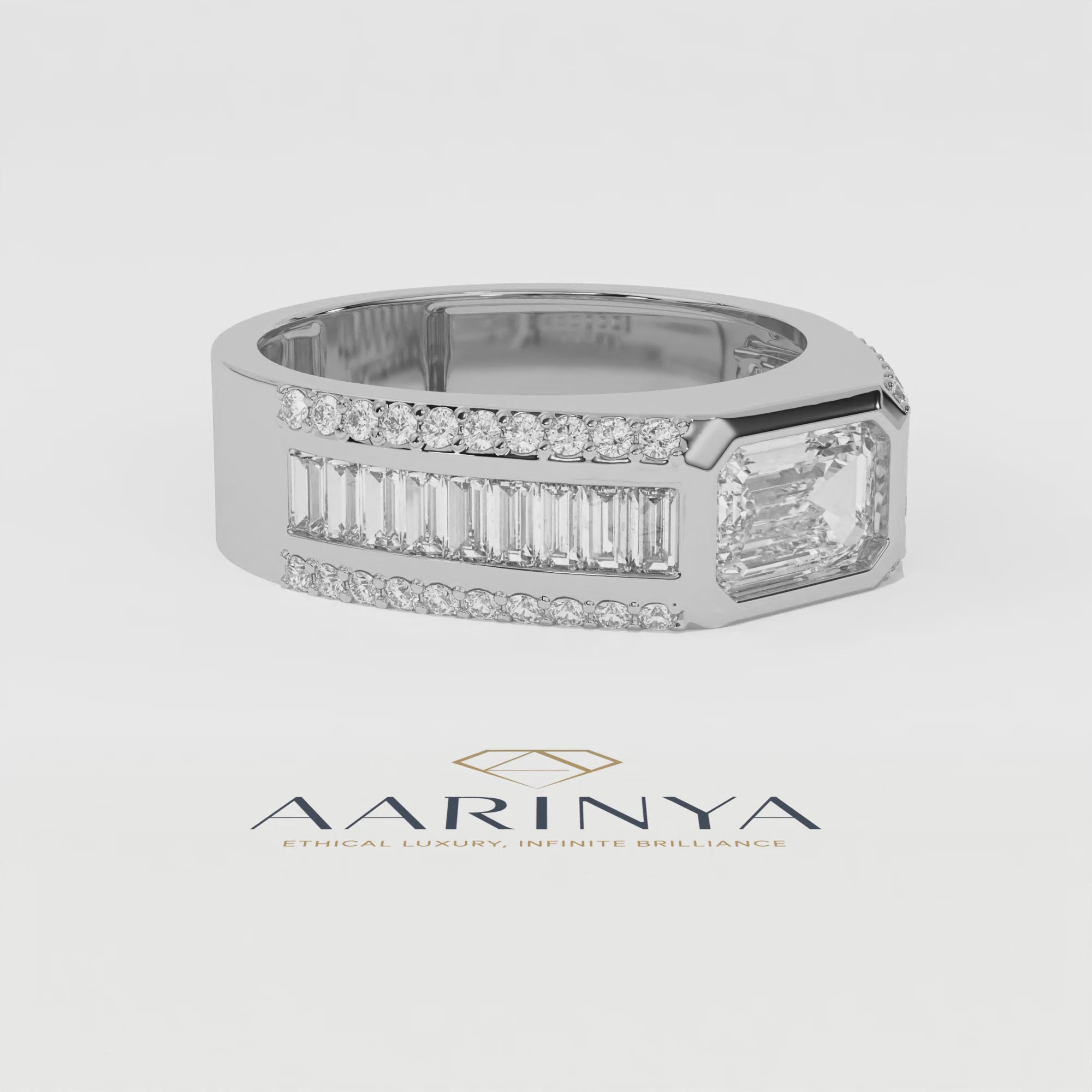 Aarinya Men's Emerald-Cut Diamond Signet Band, The Grand Architectural Step-Cut Men's Ring, The Matrix Bezel Channel Men's Statement Ring