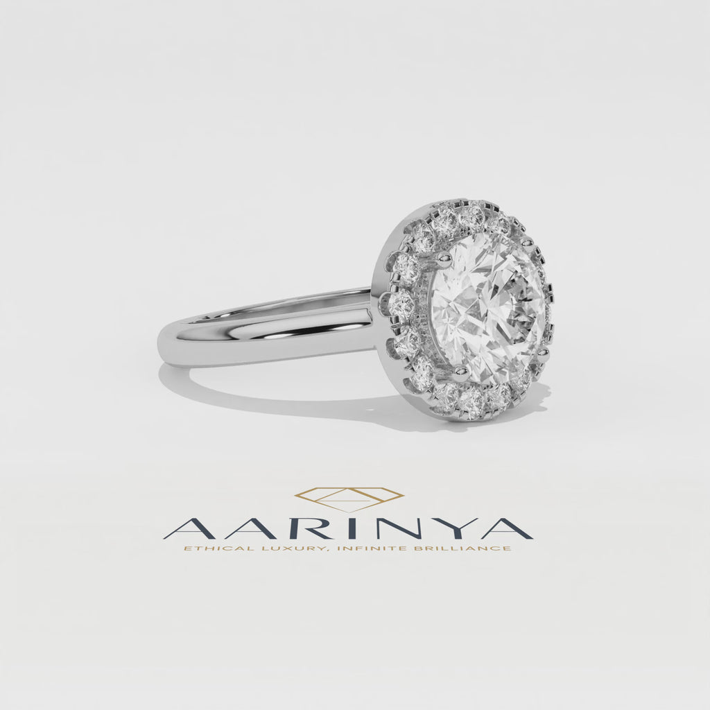 Aarinya Majestic Round Halo Ring, The Imperial Brilliance Statement Ring, Classic Halo Solitaire with Plain Band