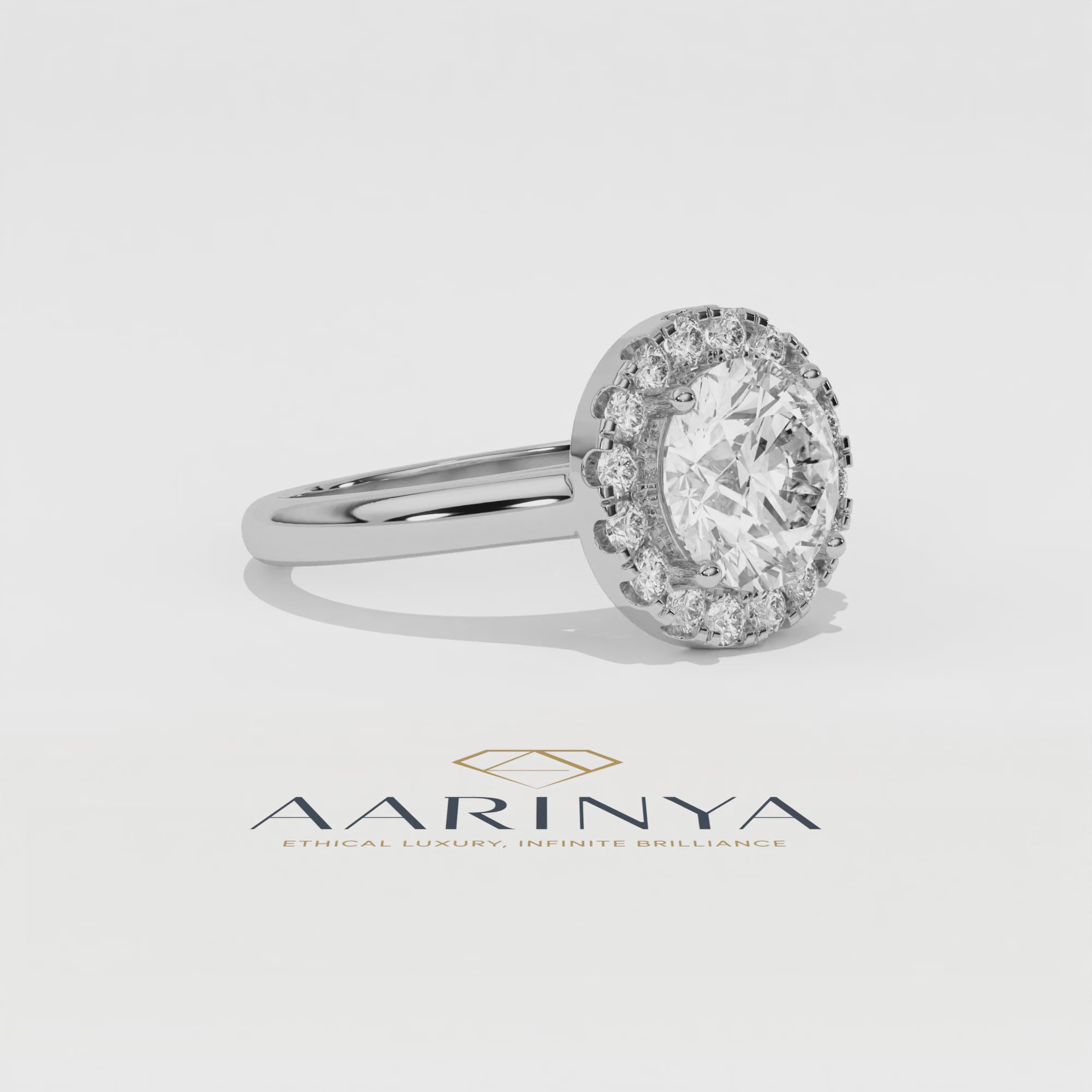 Aarinya Majestic Round Halo Ring, The Imperial Brilliance Statement Ring, Classic Halo Solitaire with Plain Band