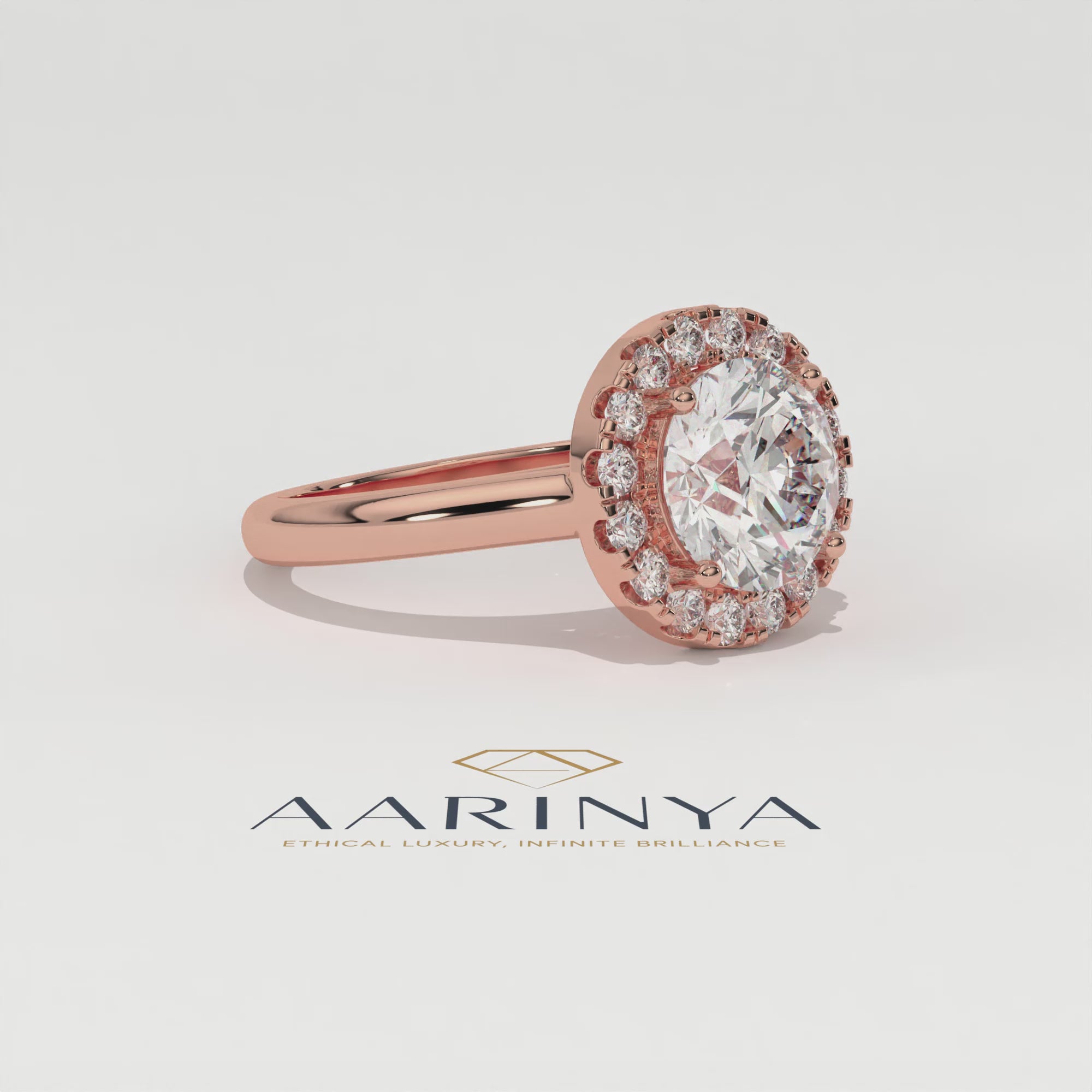 Aarinya Majestic Round Halo Ring, The Imperial Brilliance Statement Ring, Classic Halo Solitaire with Plain Band
