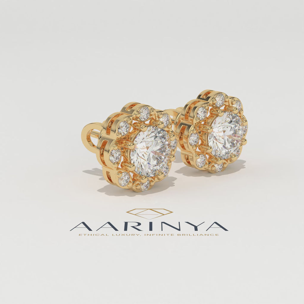 Aarinya Blossom Floral Tops Earring, The Radiant Flower Earring, Petite Petal Diamond Tops, Flower Diamond Earrings